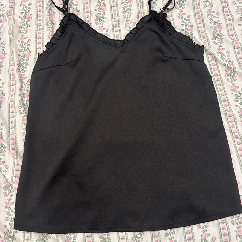 Black Ruffle-Trim Tank Top with Adjustable Straps